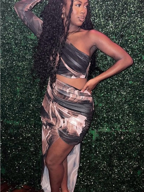 Fashion Nova Dresses & Skirts - Fashion Nova One-Shoulder Marble Print Two-Piece Dress - Black & Taupe